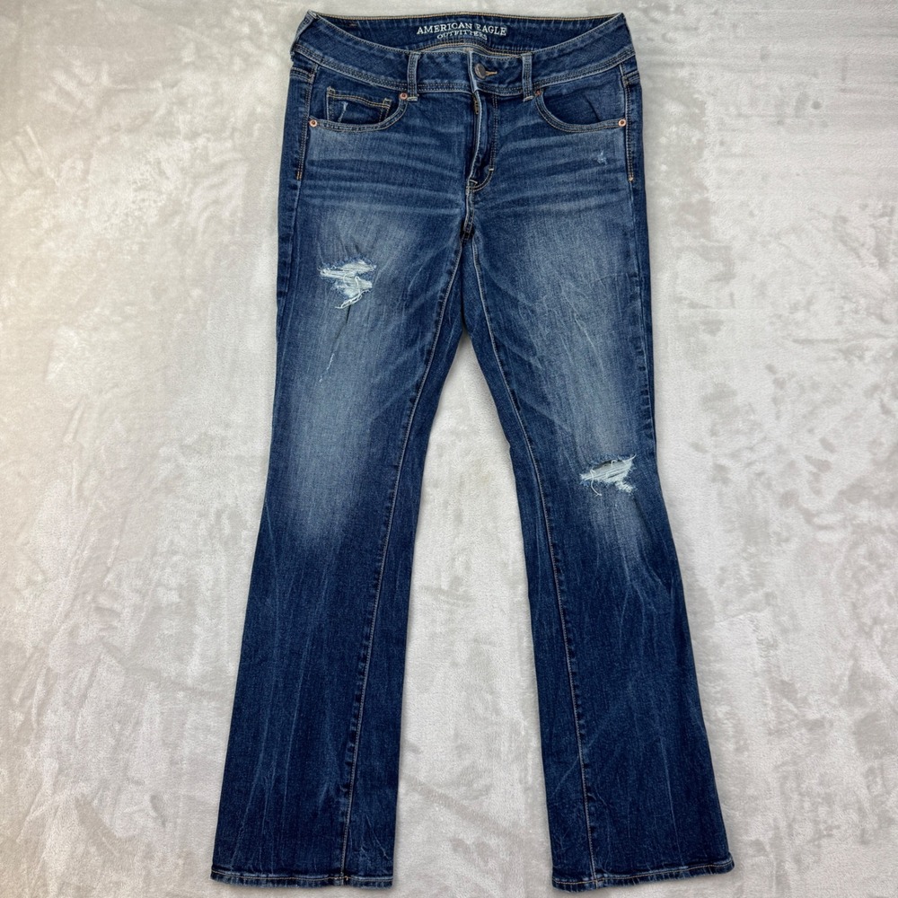 American Eagle Kick Boot Cut Jeans Womens 8 Blue Distressed Low Rise Denim